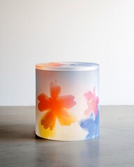 Colorful flower-patterned cylindrical lamp on a concrete surface