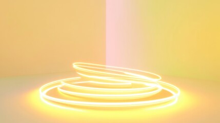 Obraz premium A minimalist design featuring softly glowing light trails in a 3D isometric spiral on a pastel yellow surface