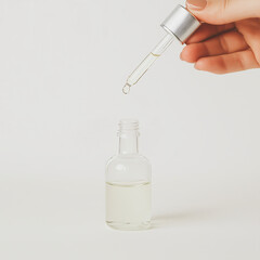 Dropper Bottle of Essential Oil: A hand delicately holds a pipette, dispensing a drop of golden essential oil into a clear glass bottle against a minimalist backdrop.