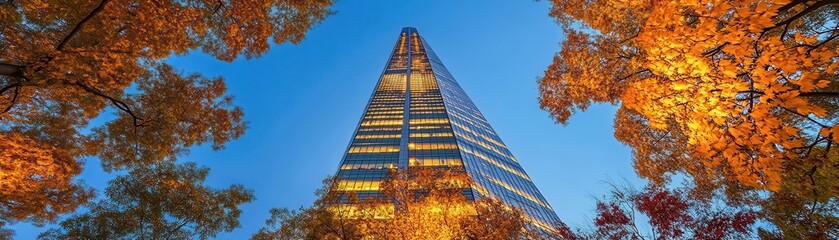 Towering skyscraper illuminated in golden hues, global headquarters expansion, inspiring corporate success