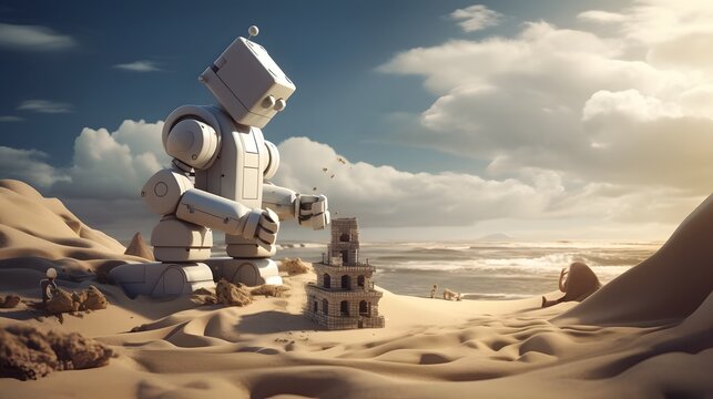 A friendly and playful robot using its advanced mechanical skills to carefully construct an intricate and imaginative sandcastle on a futuristic sun drenched beach setting