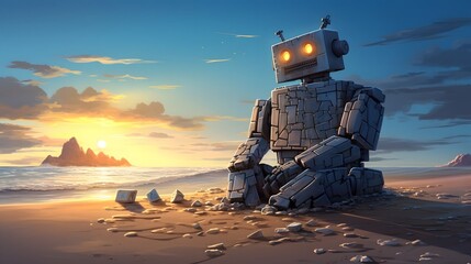 Friendly and helpful robot constructing a unique sandcastle on a serene futuristic digital beach landscape  The scene depicts a modern automated take on a classic summer pastime