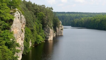 Fototapeta premium Exploring scenic river cliffs natural park landscape serene environment aerial view nature's beauty