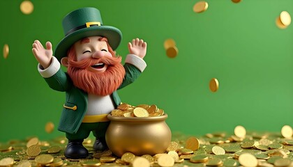 Happy St. Patrick's Day with a smiling leprechaun figurine displayed on a bright green background