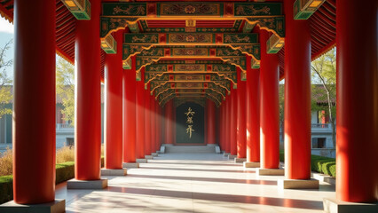 Serene Red Columns, Chinese Temple Architecture - Architectural pho.