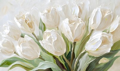 A textural oil painting of a bouquet of white tulip flowers, Generative AI