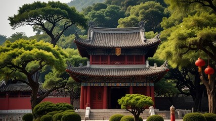 Traditional temple of Chinese peoples with trees