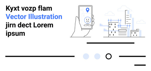 Hand holding smartphone with map pin, modern cityscape elements, typography. Ideal for navigation apps, city guides, travel apps, urban planning, digital maps, tech startups, user interfaces. Landing