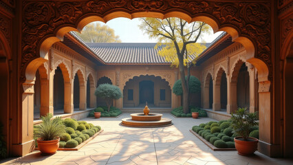 Sunlit Courtyard, Ornate Archway, Fountain - Architectural details