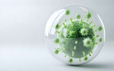 A stylized representation of a virus within a transparent sphere, emphasizing its microscopic structure and vibrant green color against a minimal background.