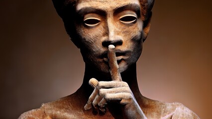 An abstract sculpture of a human face elegantly conveys the concept of silence by showing a finger placed near the lips. This conceptual artwork invites reflection and interpretation.