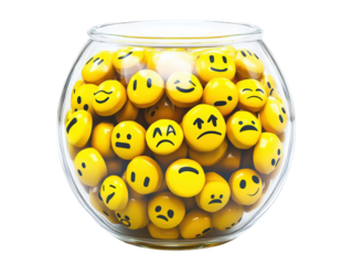 Isolated Glass Bowl with Yellow Emoji Balls