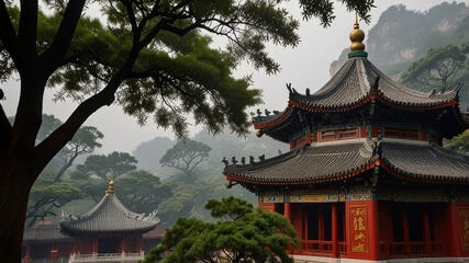 Obraz premium Traditional temple of Chinese peoples with trees