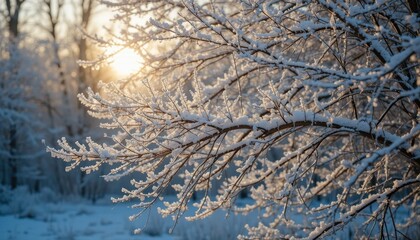 Obraz premium frost-covered tree branches glistening under soft sunlight