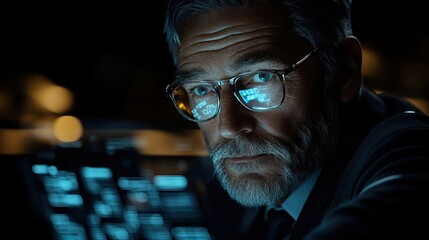 Focused man reviewing data on a digital screen at night. Close-up portrait of a serious professional working late, illuminated by the glow of technolo