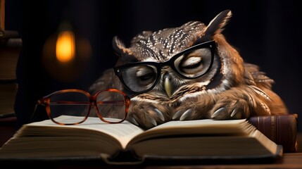 Adorable Sleepy Owl Character Wearing Glasses and Falling Asleep While Immersed in a Cozy Book Reading Session in a Cozy Library or Study Setting