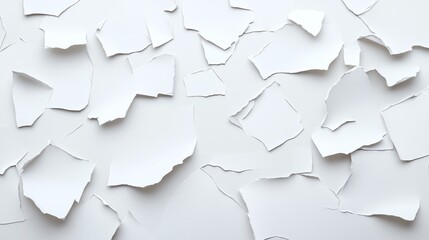 Abstract arrangement of torn white paper pieces on a light background, creating a textured and artistic visual pattern.