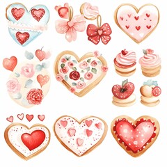 Sweets watercolor concept. Colorful heart-shaped cookies and decorations for a romantic, festive theme.