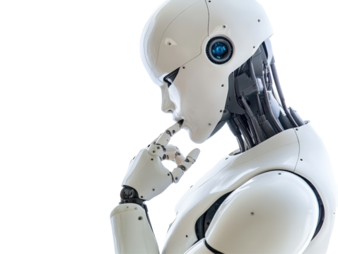 Isolated White Robot Pensive - Powered by Adobe
