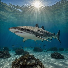 Fototapeta premium A lone barracuda hovering in the tranquil, clear sea. 