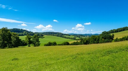 Fototapeta premium A peaceful countryside with rolling hills and a clear blue sky, Rural scene, Idyllic style