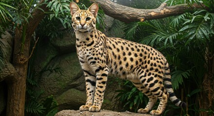 Obraz premium Serengeti cat standing proudly on a rock in an indoor jungle-themed room. 