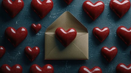 Obraz premium Heart in envelope on blue, surrounded by hearts