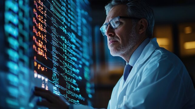 Advancing Genetic Research: Medical Researcher Using Machine Learning Algorithms to Analyze DNA Sequences on Large Display