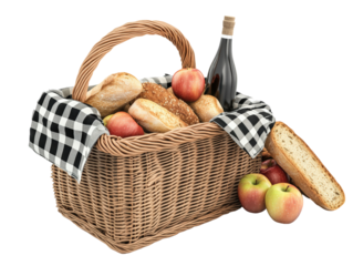 Isolated Picnic Basket with Bread, Apples and Wine
