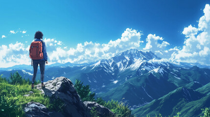 Naklejka premium hiker on top of mountain in anime