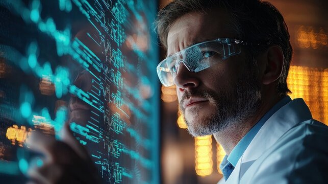 Genetic Researcher Analyzing DNA Sequences with Machine Learning Algorithms on Large Display