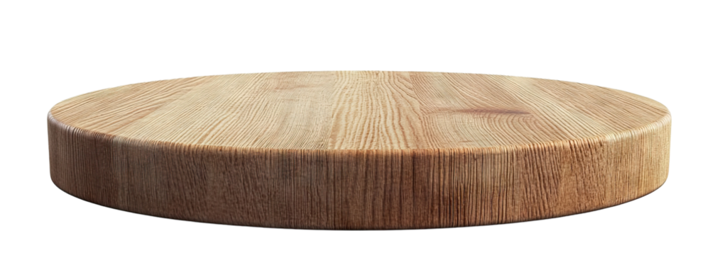 Round wooden platform with natural grain, isolated on transparent cutout background
