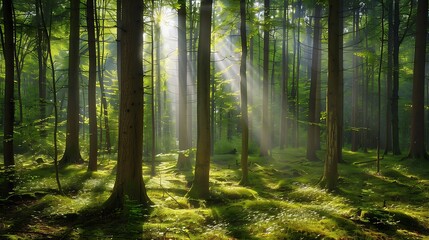 Obraz premium A serene forest with sunlight filtering through the trees, symbolizing peace and tranquility in life.