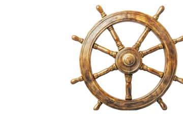 Vintage wooden ship's wheel displayed on a plain background, evoking nautical themes and maritime adventures
