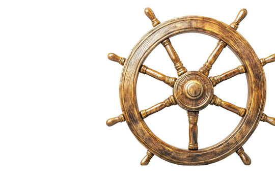 Vintage wooden ship's wheel displayed on a plain background, evoking nautical themes and maritime adventures