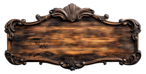 Decorative antique wooden plaque with intricate frame, isolated on transparent cutout background

