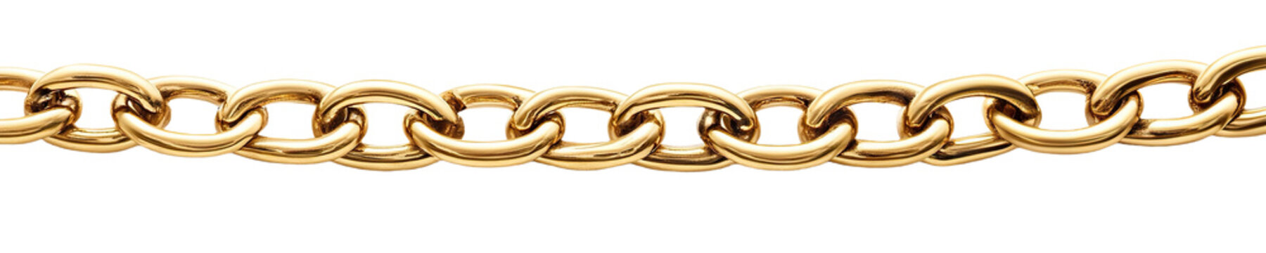 Shiny gold chain with interlocking links, isolated on transparent cutout background
