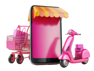 Isolated Pink Online Shopping Concept with Phone, Cart and Scooter
