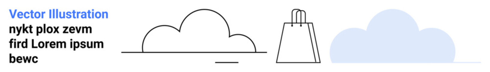 Black outline of a cloud and shopping bag, adjacent to a blue cloud shape. Ideal for e-commerce, weather apps, online shopping, minimalism, tech designs, cloud services, landing page