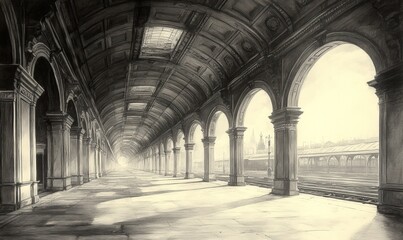 Long, arched hallway; train tracks visible at end.