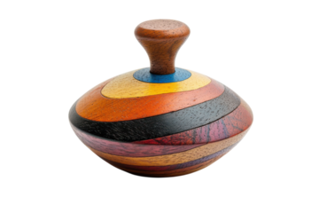 Colorful wooden spinning top crafted from various types of hardwood showcasing intricate patterns