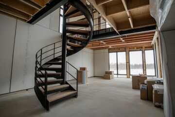 Modern spiral staircase in new home, winter view.