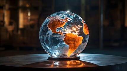 Melting ice sculpture of a globe or world map under warm glowing light   a conceptual art installation symbolizing the climate change crisis and global warming  The dripping