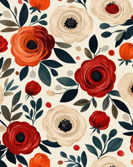 Seamless floral pattern with vibrant red, orange, and cream roses, green leaves, and dotted accents on light background