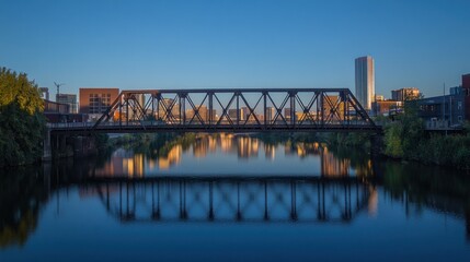 Fototapeta premium Sunrise cityscape reflection in calm river with steel bridge.