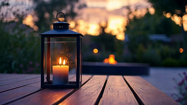 Close-up of a modern lantern with a burning candle on a wooden table in front of a blurred luxury house exterior, fire pit, and garden at sunset. Realistic photography