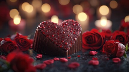 Heart-shaped chocolate cake with roses, candlelit background, romantic setting