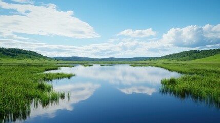 Fototapeta premium Tranquil lake landscape with sky reflection