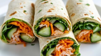 Fresh veggie wraps on white plate, healthy lunch.  Use Food blog, recipe site
