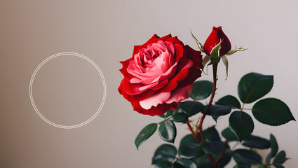 Elegant Red Rose with Petals on Textured Red and Background, Romantic Red Roses with Heart-Shaped Card, antasy on the theme Valentine's Day Background. Gift, coffee, roses, hearts arranged 